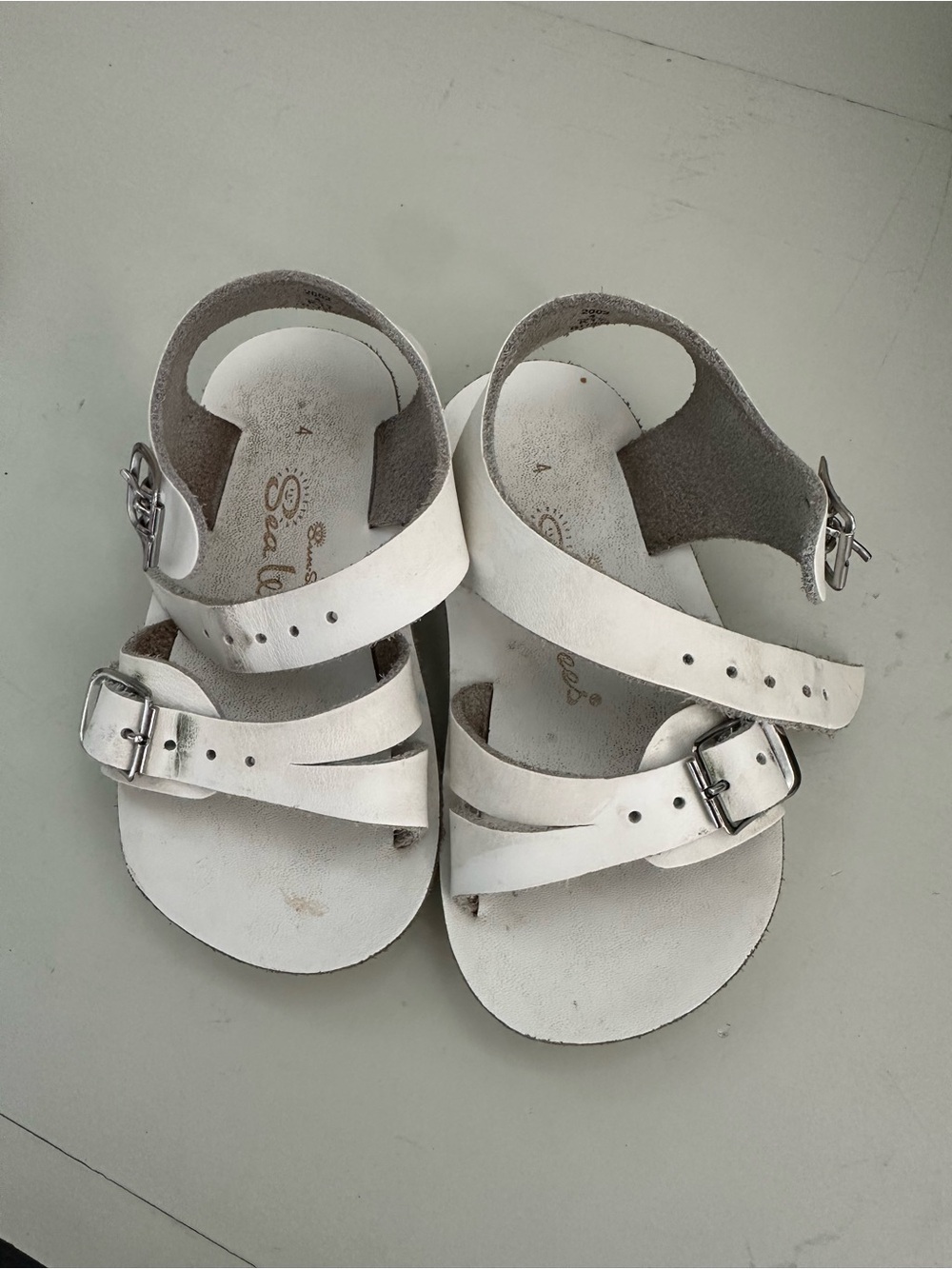 White Kids Double Buckle Leather Sandals